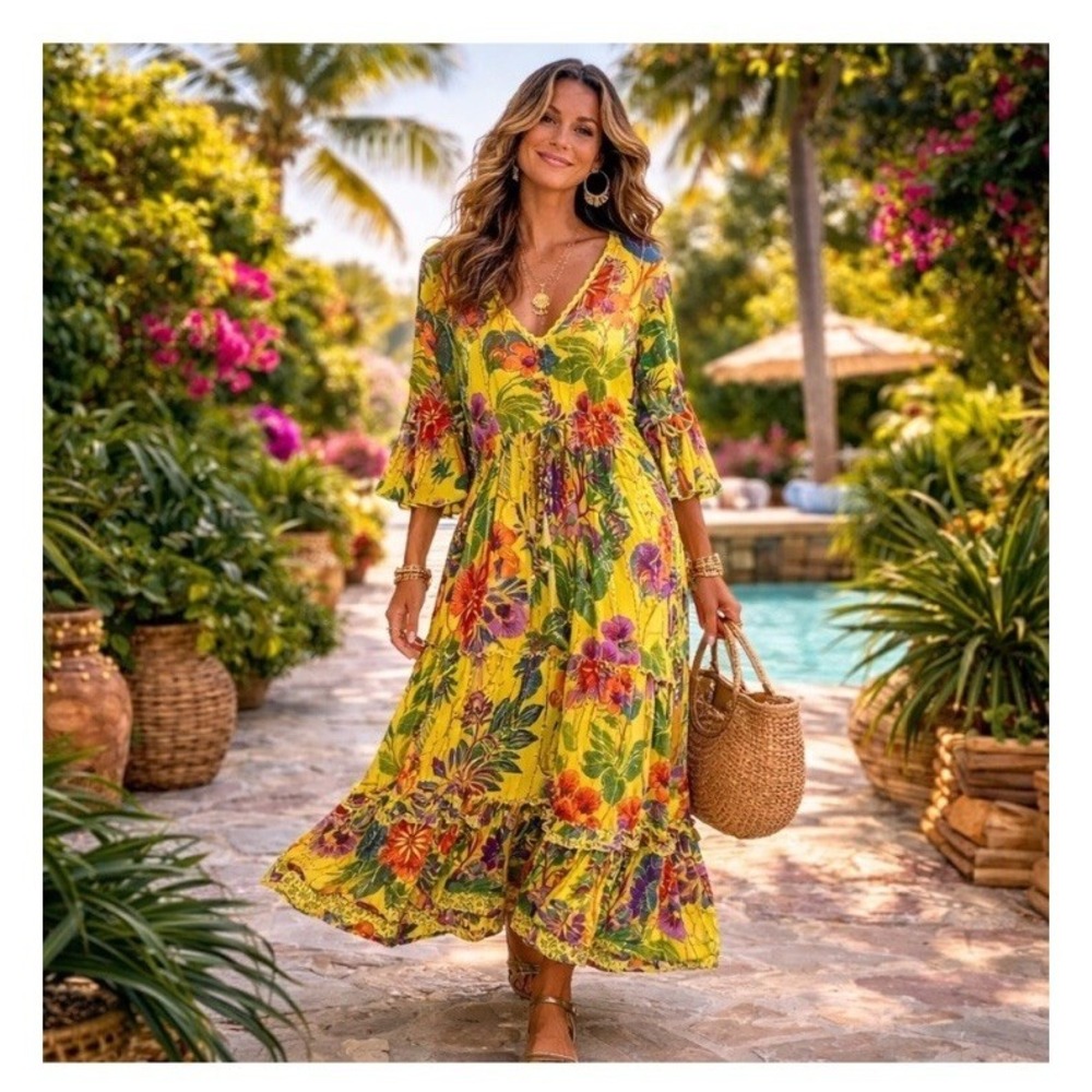 Me 2 Magic Anthropologie Floral Maxi Dress Boho Vacation Coastal Festival Indie
